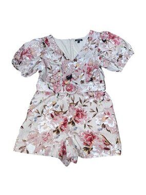 Express Women's L Floral Puff Sleeve Romper Cottagecore Belt Linen Pink Pockets